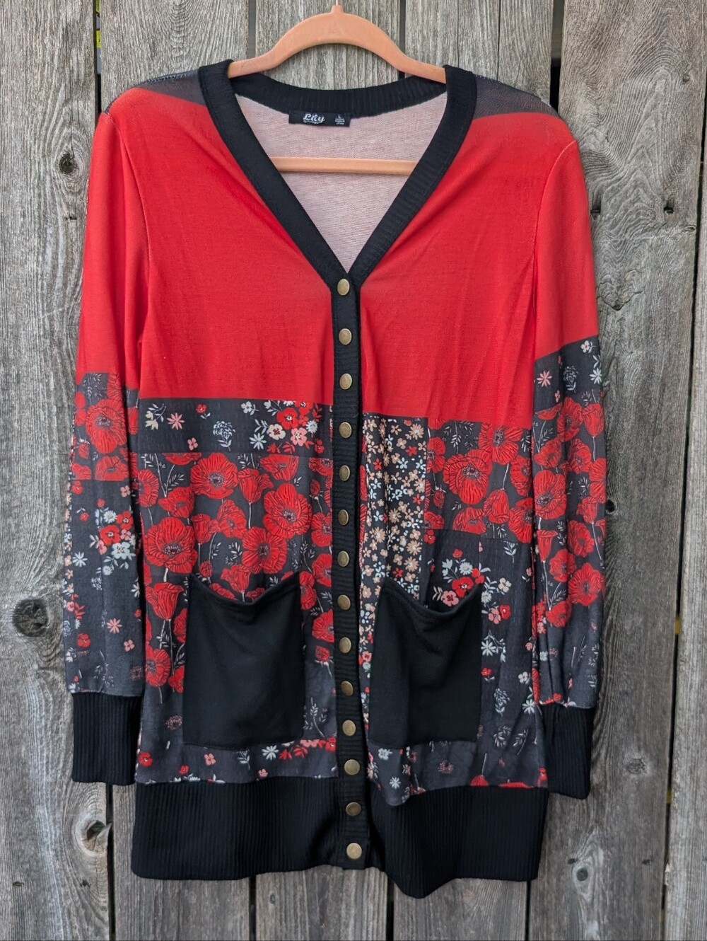Women's Red Floral Button-Front Cardigan Sweater
